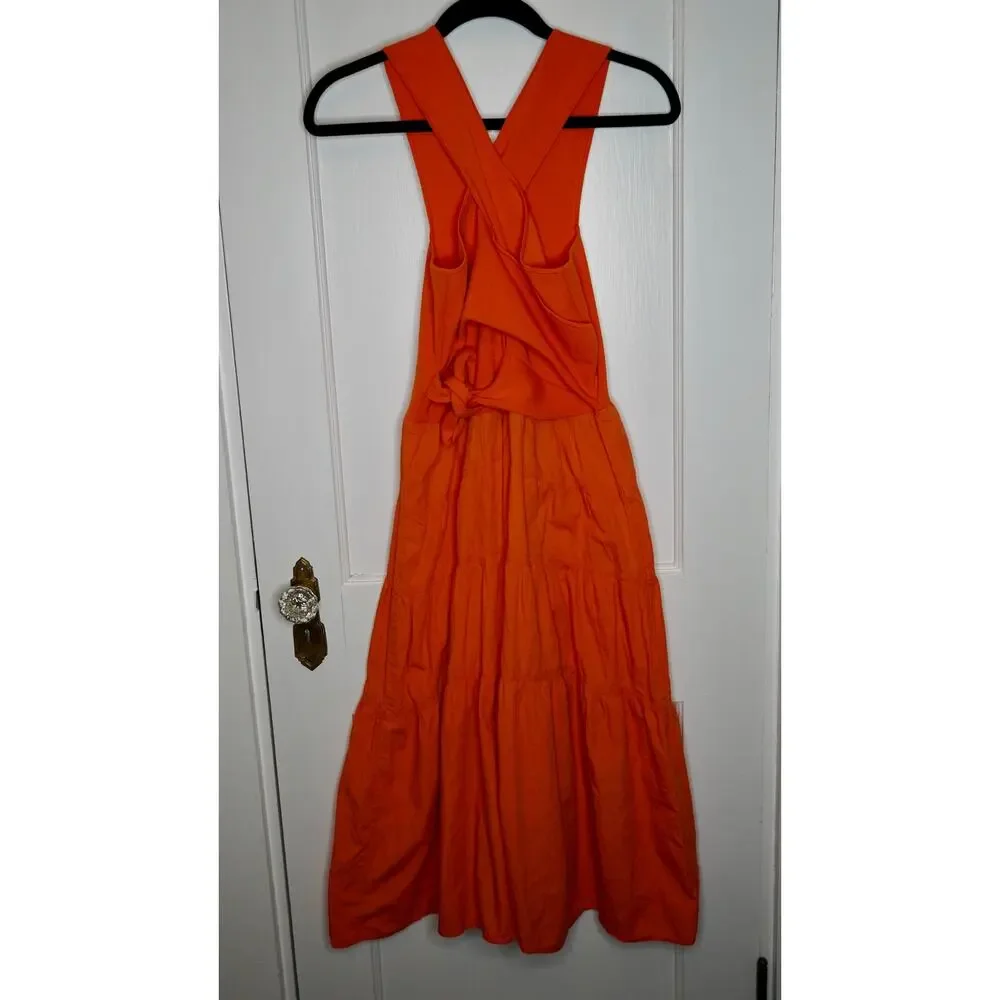 Derek Lam 10 Crosby Orange Midi Dress V-Neck Sleeveless Pull-On Sz M - Picture 4 of 11